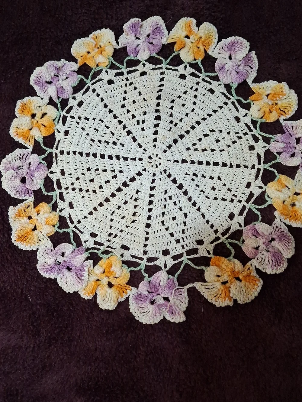 Vtg Handmade Crochet Floral Doily - White with Purple & Yellow Flowers